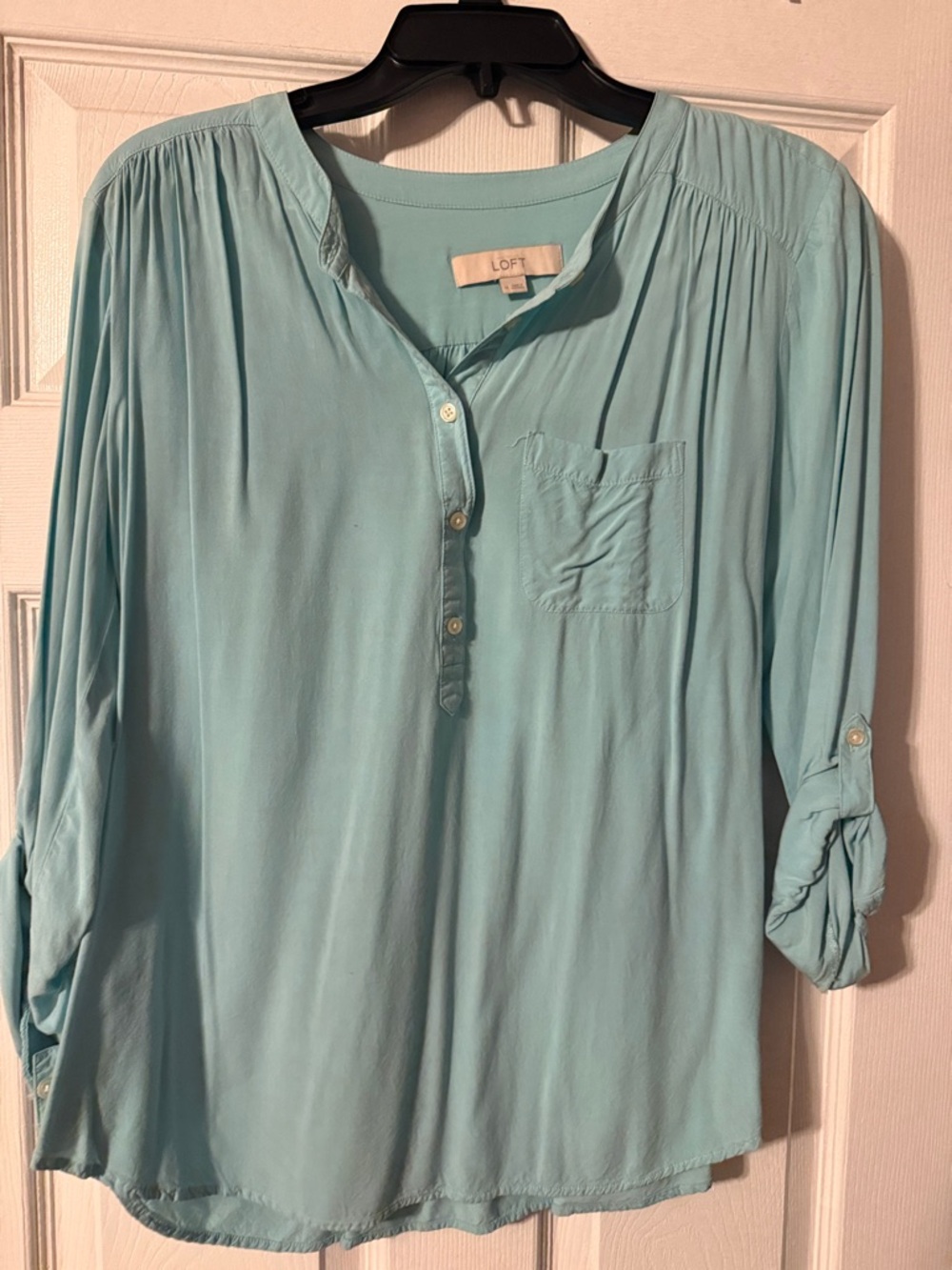 LOFT Aqua Roll-Tab Henley Blouse